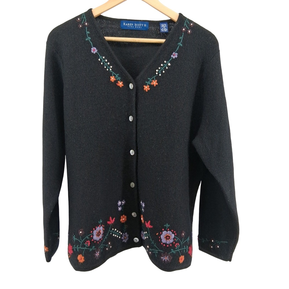 Karen Scott II Wool Black Embroidered Floral Cardigan 1X Grannycore‎ Cottagecore